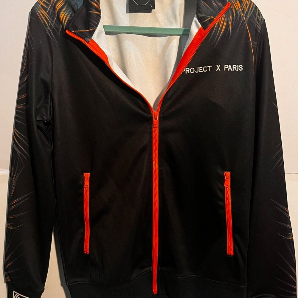 Project X Paris Zip-Up Jacket Small Black Tropical Leaf Print Orange Zippers